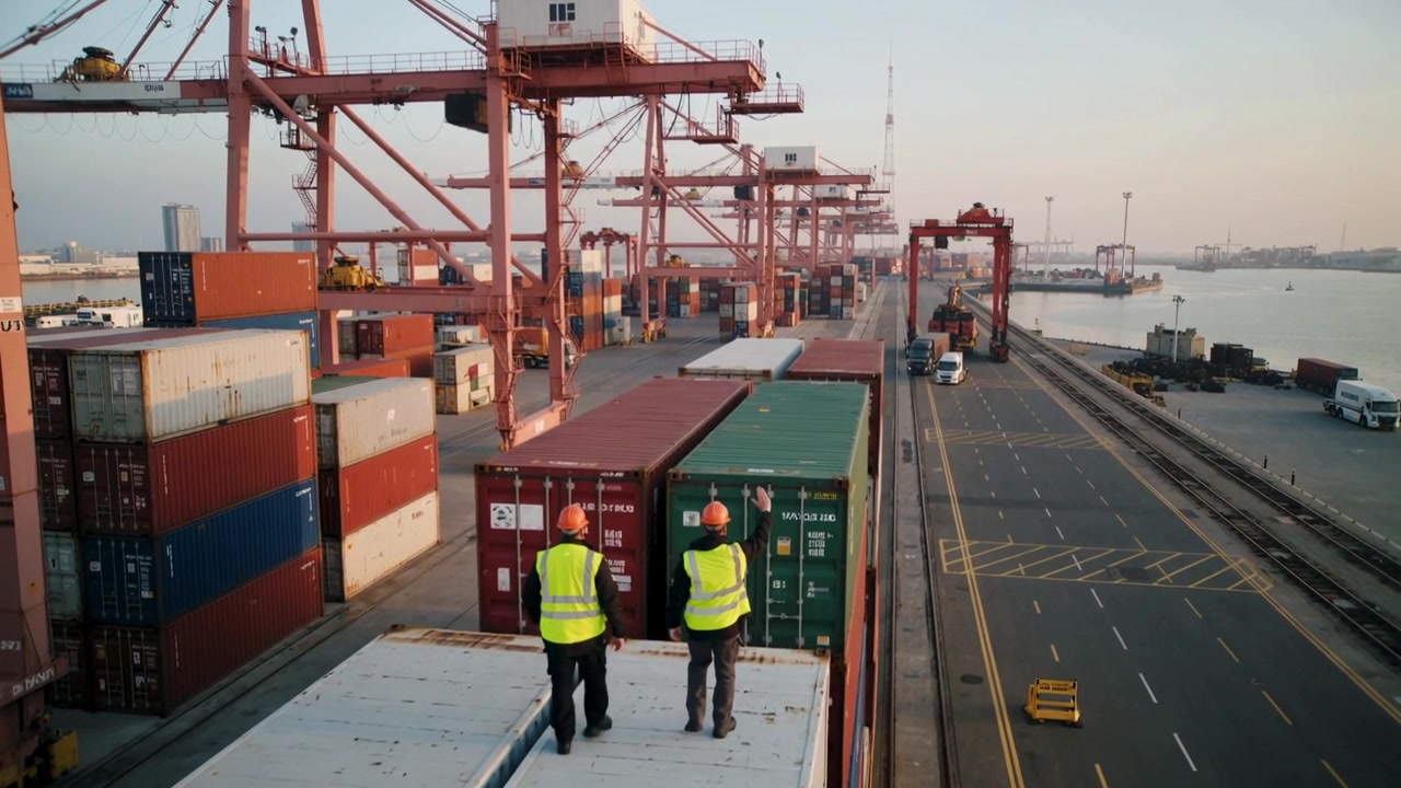 Zwei Hafenarbeiter in orangefarbenen Westen und Helmen gehen auf Containern in Richtung Kräne und signalisieren das Verladen.