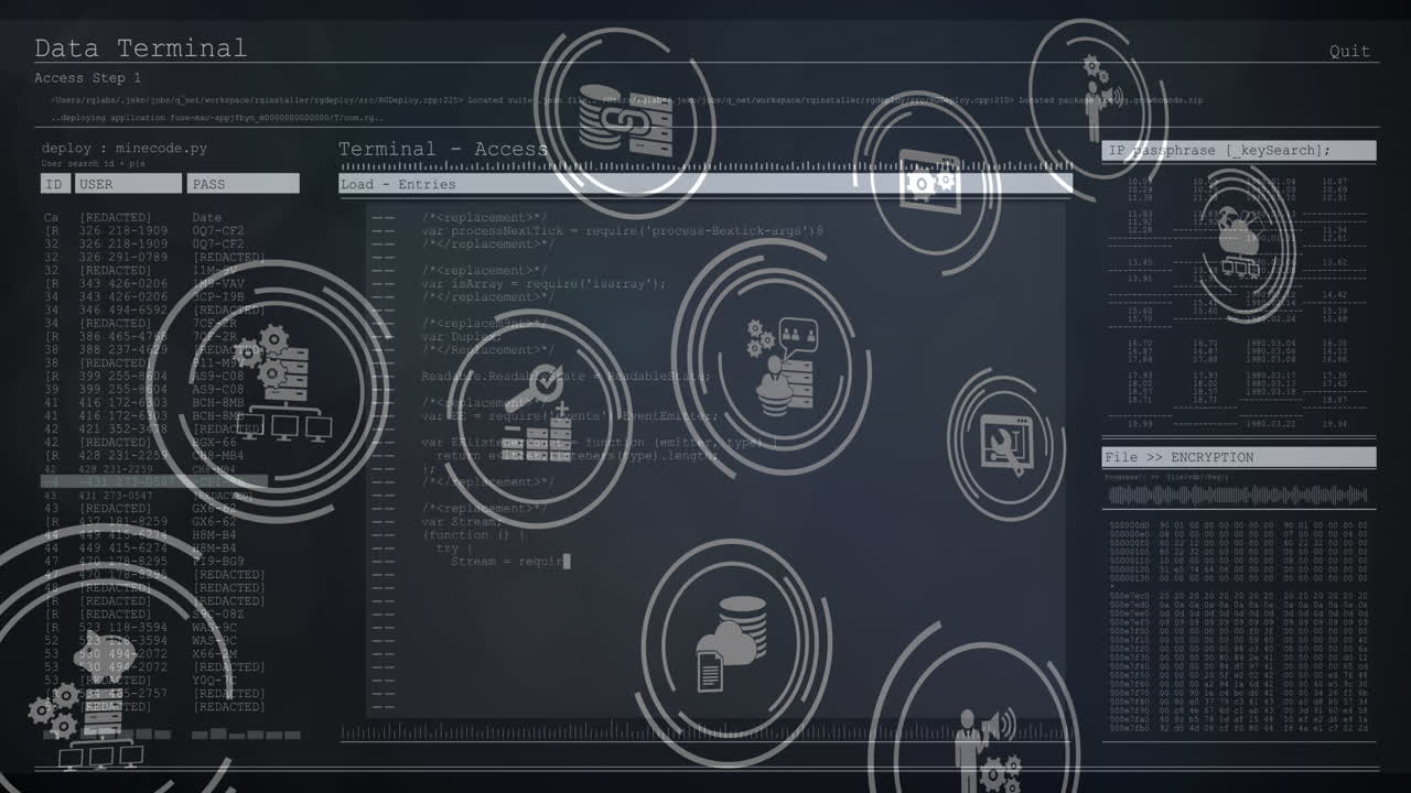 Animation of multiple digital icons and data processing against blue background