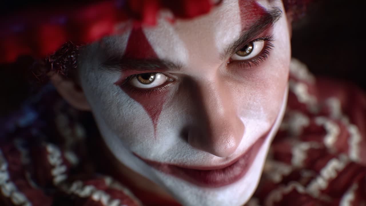 A captivating close-up of a clown with striking makeup and an intriguing expression, showcasing the artistry and emotion behind this colorful performance persona