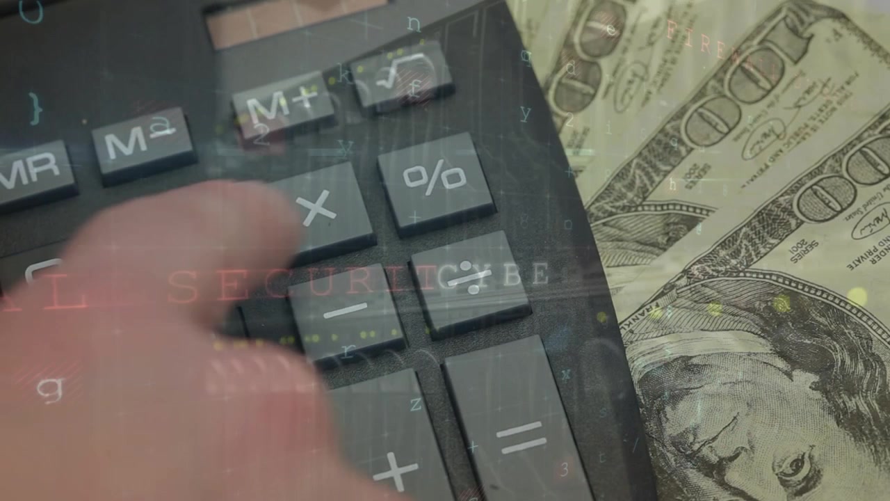 Animación de procesamiento de datos sobre calculadora y billetes