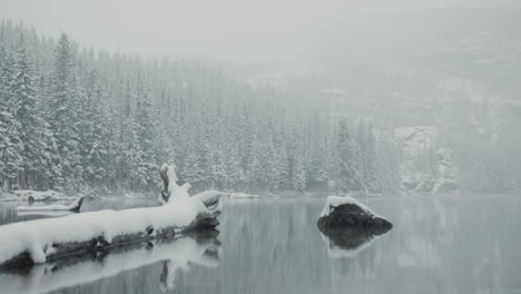 snowy winter landscape with a calm lake