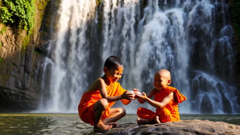 young monks and a majestic waterfall