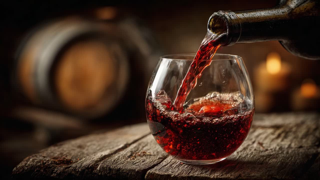 Un versamento accattivante: vino rosso corposo che riempie con eleganza un bicchiere su un tavolo rustico di legno, con una sottile luce di candela e accenti di botte che creano una calda atmosfera