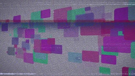 Animation-of-screen-with-glitch-over-background-with-pink,-violet-and-blue-rectangles