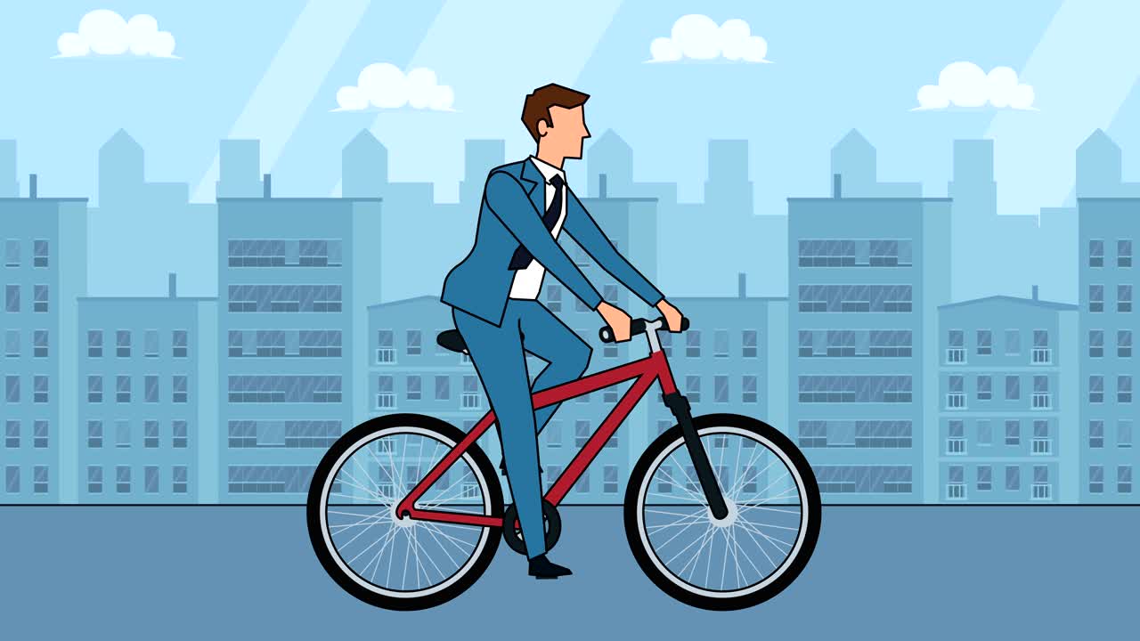 평평한 만화 사업가 캐릭터 자전거 타는 빨간 자전거 애니메이션