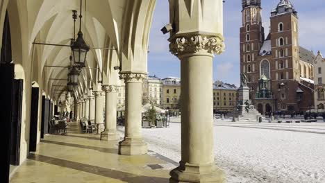 beautiful old town views in krakow old town square - taken from cloth hall with views onto st mary's basilica