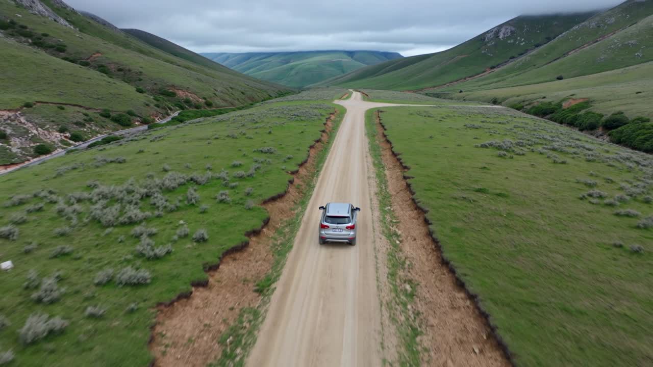 SUV argentato che guida su una strada sterrata attraverso una valle verde.