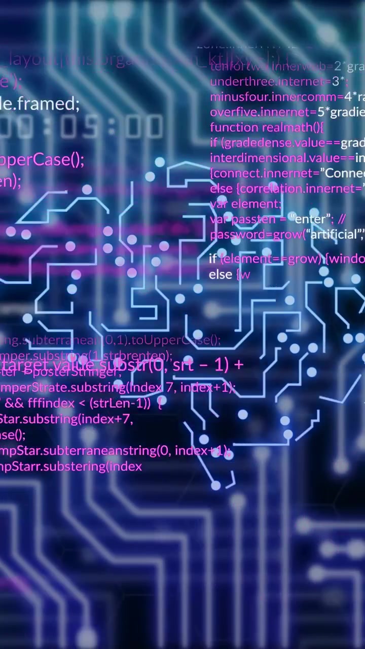 Video verticale: Punti che si uniscono in una scia magenta scintillante, si forma un cervello circuitale, codice che scorre, flusso di dati