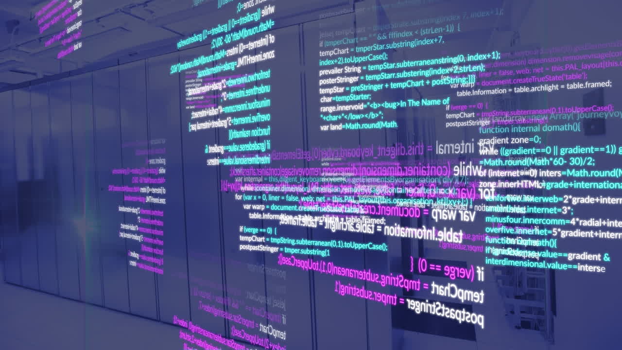Animation of multicolored computer language over data server racks in server room