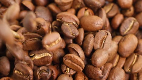 coffee beans cascade in slow motion, captured in a macro close-up with warm lighting, highlighting texture and movement