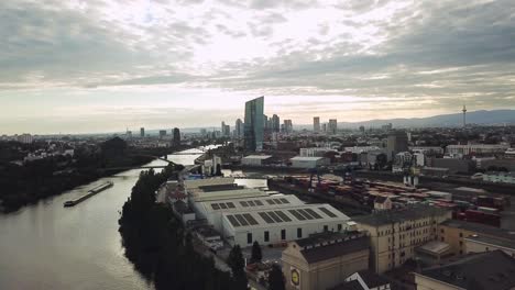 flying-over-the-harbor-of-Frankfurt-am-Main,-Germany