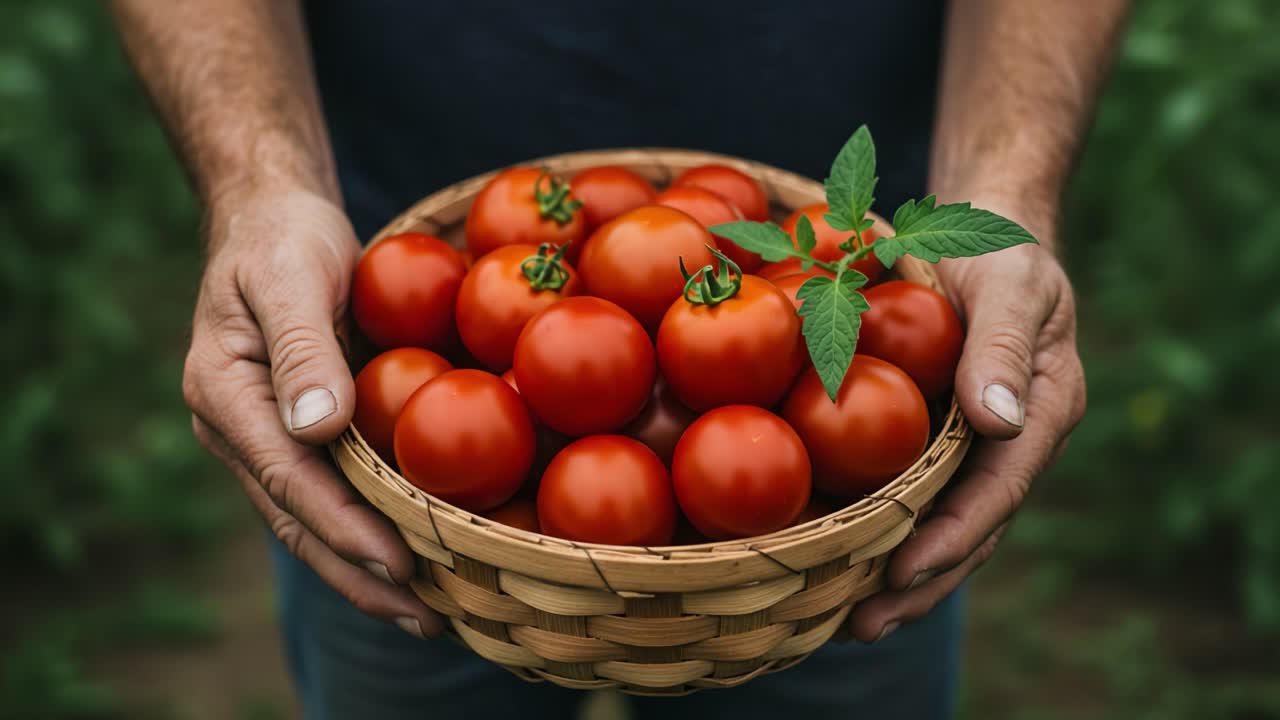 Harvesting Fresh, Ripe Tomatoes: A Close-Up View of a Bountiful Basket Held in Hands, Showcasing the Essence of Homegrown Agriculture and Organic Farming Practices