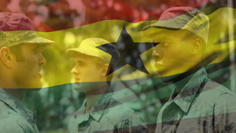 animation of flag of ghana over diverse male soldiers saluting