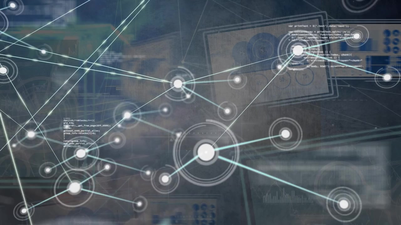Animation of data processing and dots connecting with multiple lines and digital screens with graphs