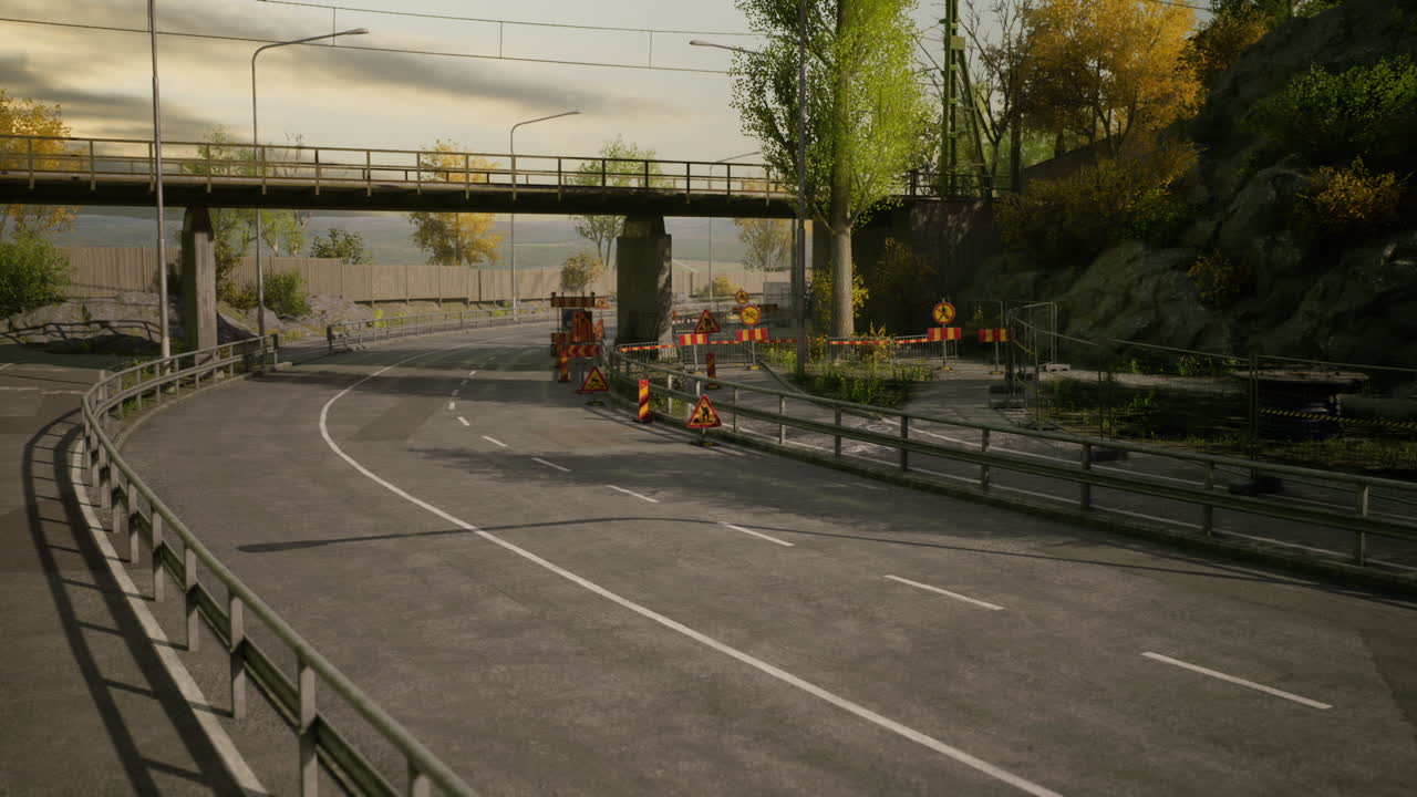 Road construction takes place under a bridge in a serene autumn setting