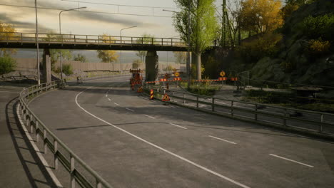 road construction takes place under a bridge in a serene autumn setting
