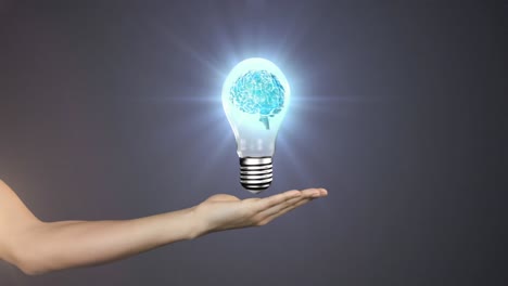 Animation-of-hand-with-lightbulb-with-brain-on-gray-background