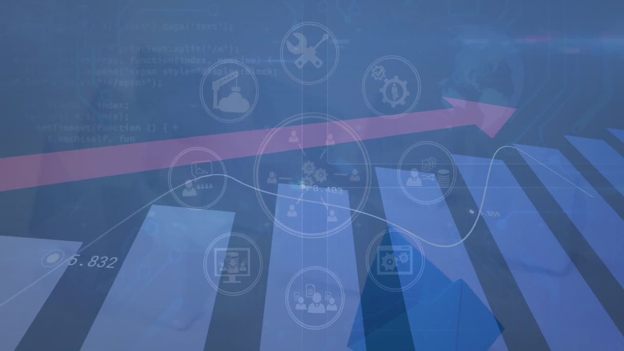 Animation of network of digital icons and statistical data processing against blue background