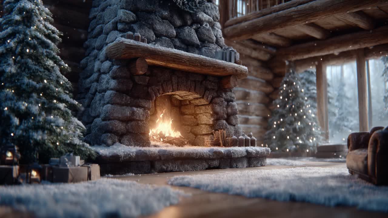 Cozy Winter Cabin with Stone Fireplace and Festive Decor: A Warm Retreat Surrounded by Snowy Trees, Creating a Serene Holiday Atmosphere