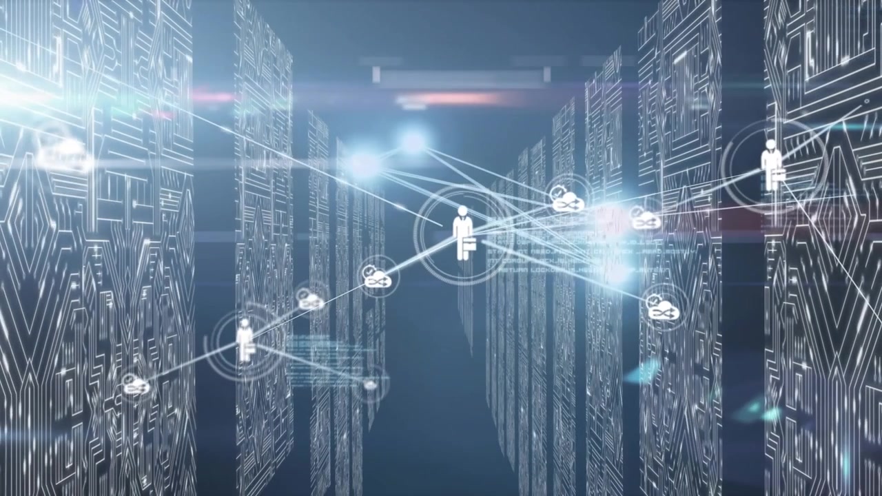 Animation of network of connections with icons and data processing over computer servers