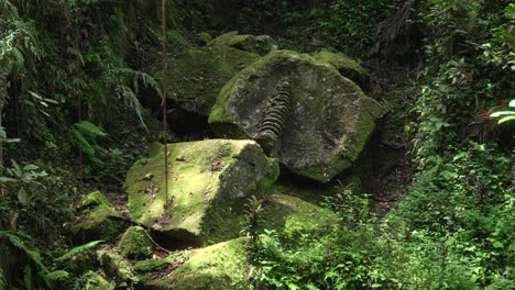 stone carvings archeological jungle site ubud bali indonesia tropical landscape