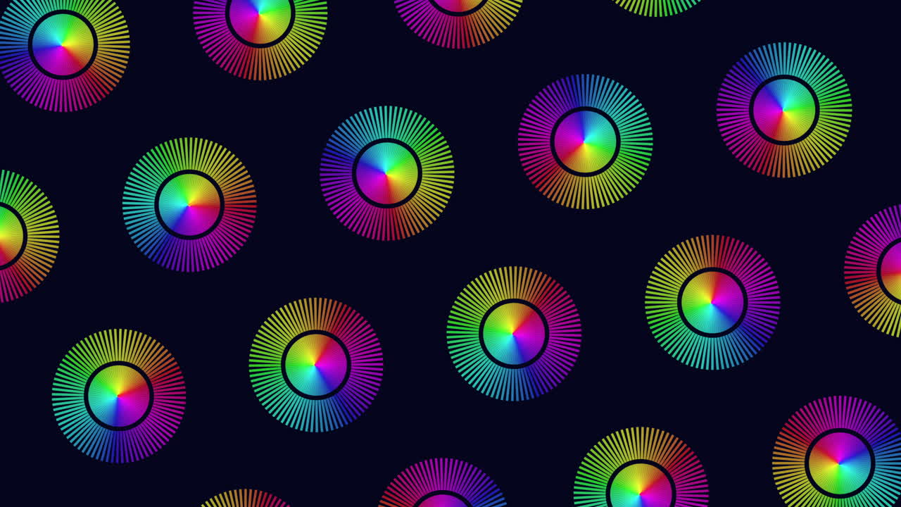 A vibrant and symmetrical seamless pattern featuring colorful overlapping circles on a black background, creating a harmonious and visually appealing design