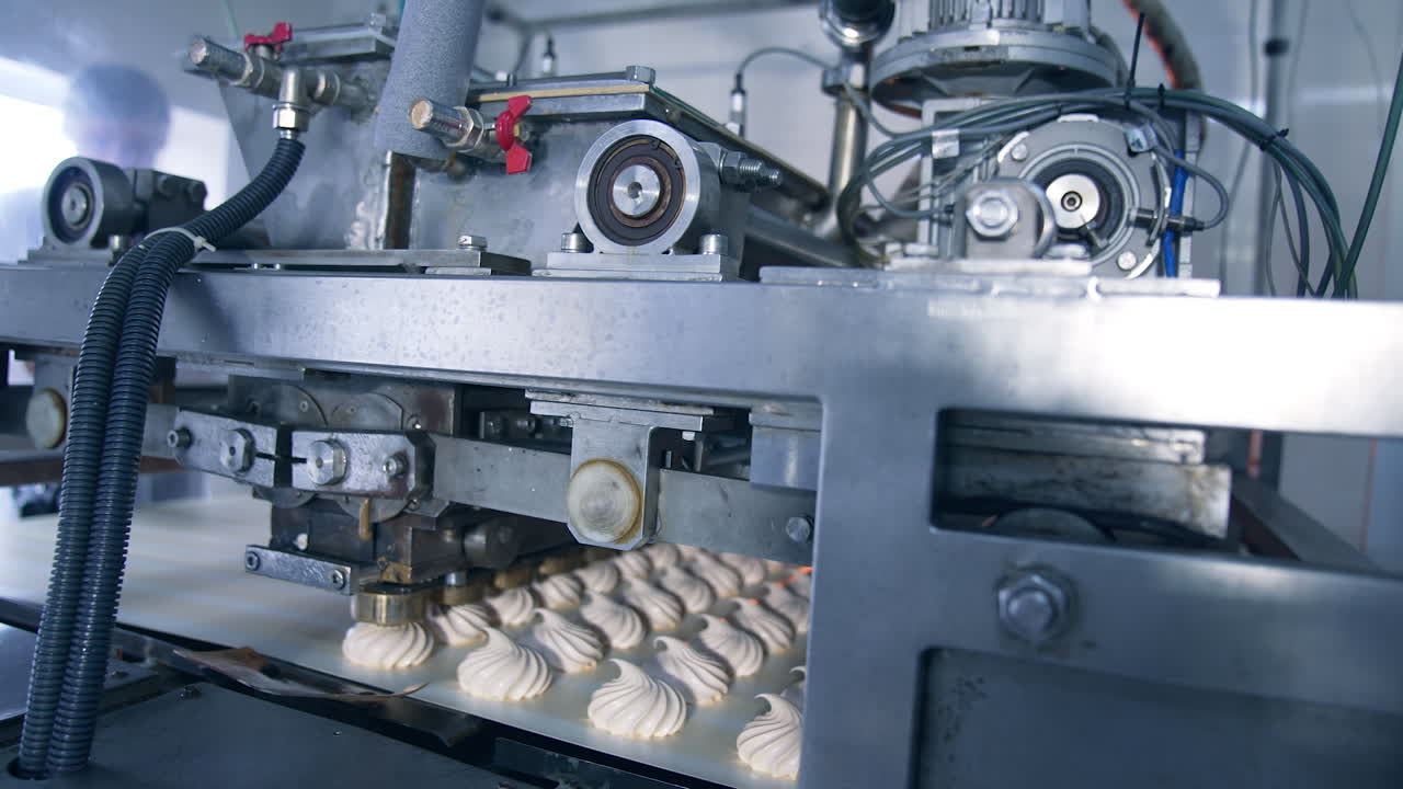 Automatic machine for producing marshmallows. Complicated mechanism laying creamy desserts on the conveyor belt at food factory.