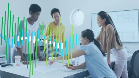 animation of data processing and diagrams over diverse colleagues discussing work in office