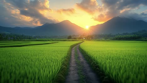 scenic sunset over lush rice fields. golden sunlight casts a warm glow over vibrant green rice fields and distant mountains at sunset.