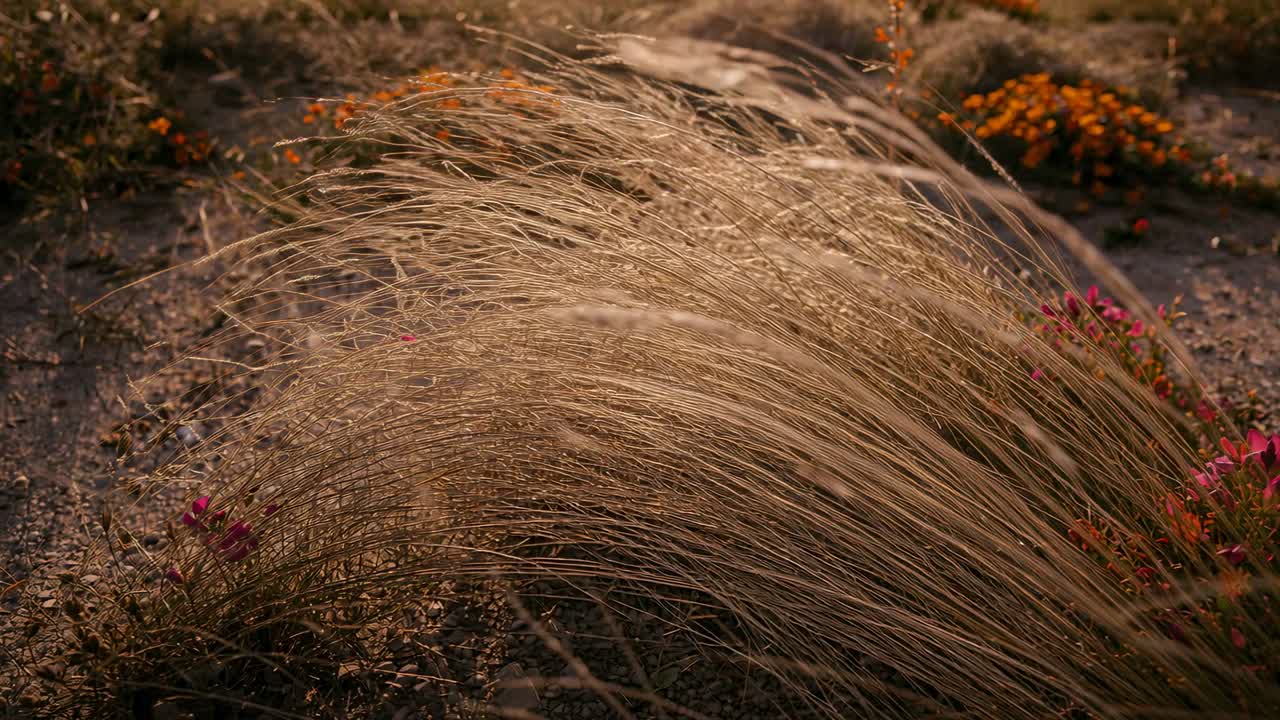 Denso mechón de hierba meciéndose y doblándose sobre suelo arenoso, el viento haciendo brillar las espigas y las flores rosadas.