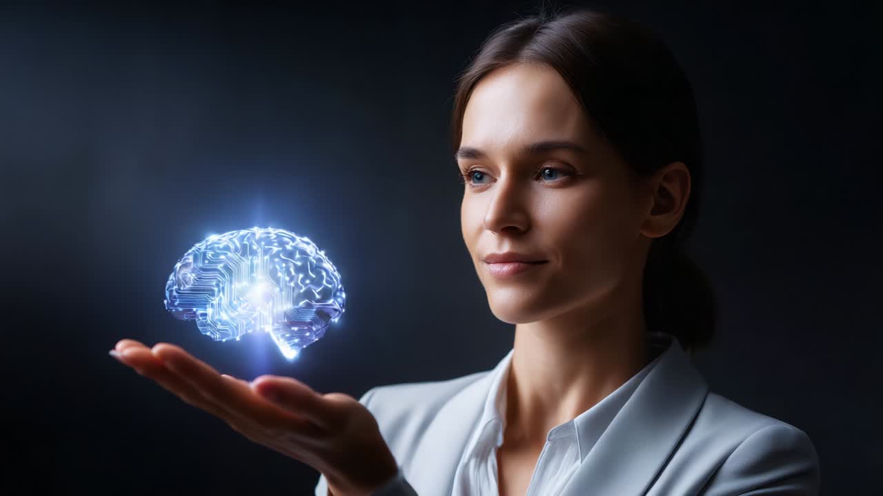 A confident woman in professional attire thoughtfully interacts with a glowing brain hologram while showcasing advanced technology and innovation, symbolizing the fusion of human intellect and artificial intelligence