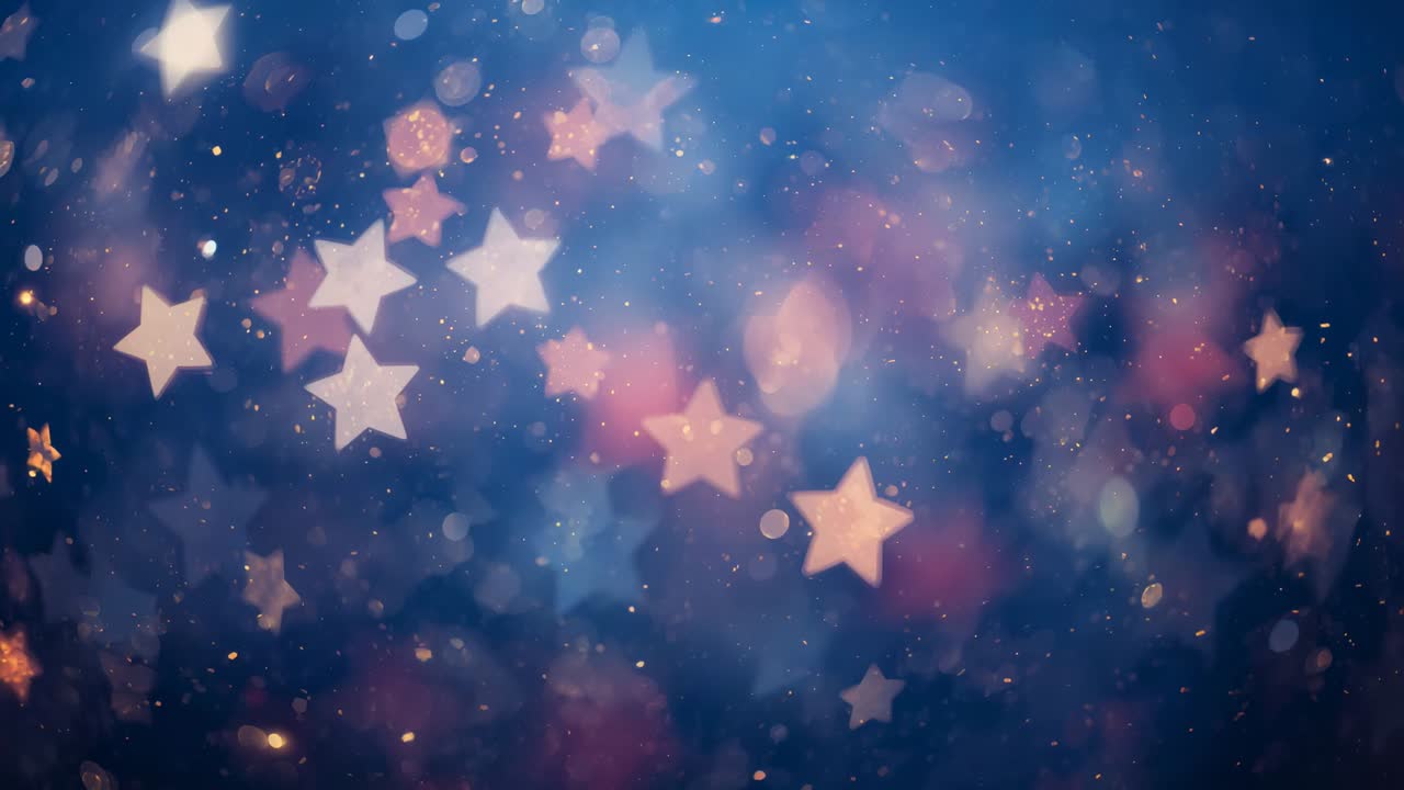 Animation starting, star bokeh cluster drifting across deep blue, creating shimmer with gold flecks
