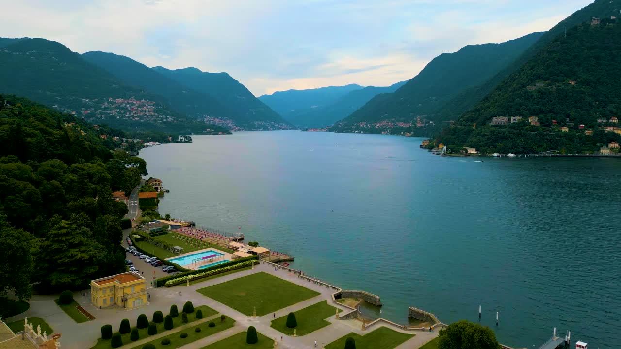 4K Aerial Drone Video of the Beautiful Lakeside Gardens of Villa Olmo on Lake Como, Italy in the Summer