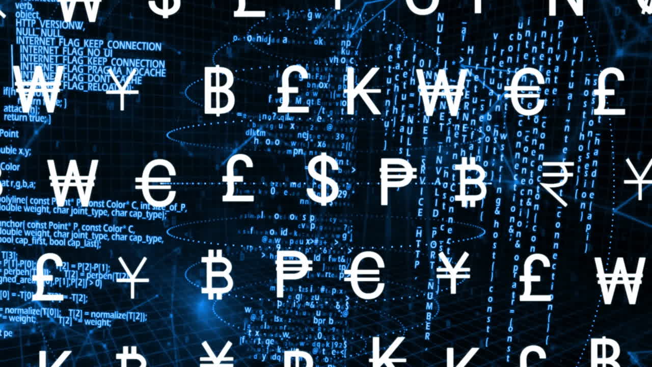 Currency symbols and binary code animation over digital data background