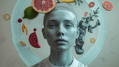 surreal portrait with floating fruits