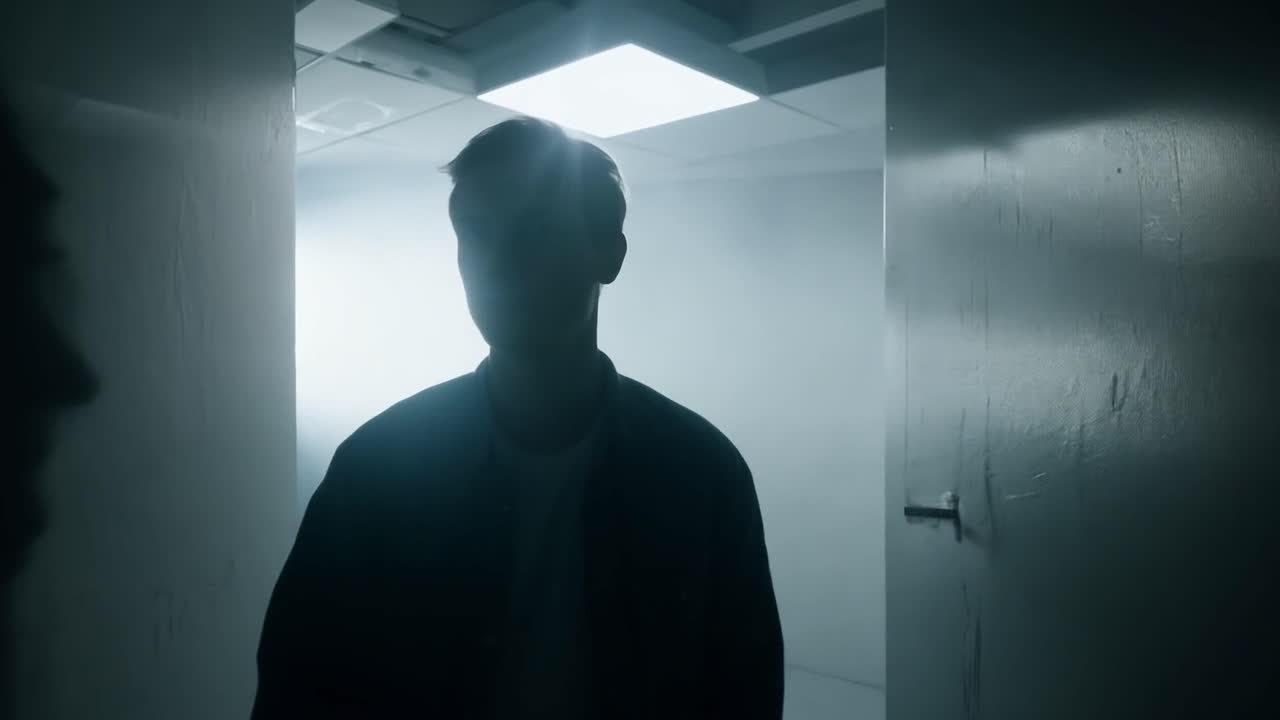 Man in silhouette standing in a doorway with fog and light