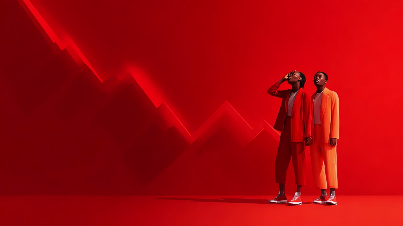 Dynamic Visuals in a Vibrant Red Setting with Two Stylish Models Emanating Confidence Against a Bold Graphic Background Depicting Declining Trends and Evolving Fashion