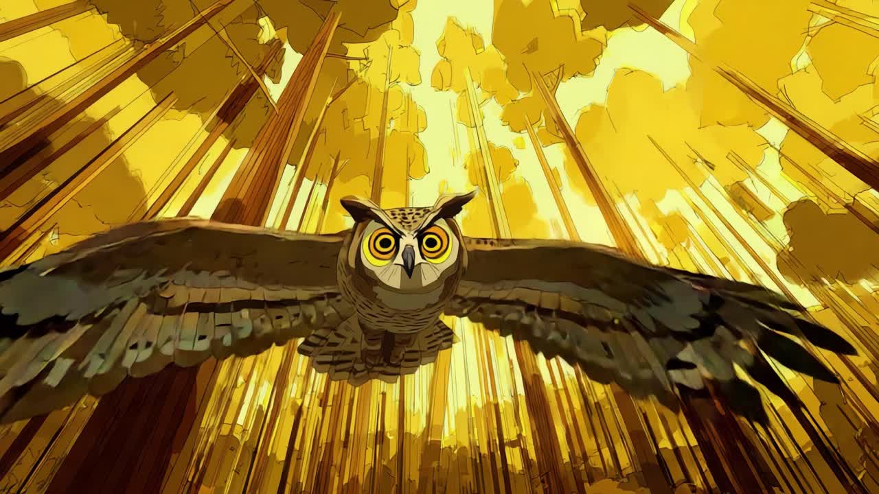 A Majestic Owl Spreading Its Wings During a Golden Sunrise in a Dense Forest, Capturing the Beauty of Nature with Vivid Colors and Dynamic Energy