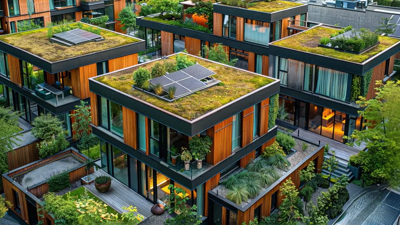 Modern Eco-Friendly Housing with Green Roofs and Solar Panels