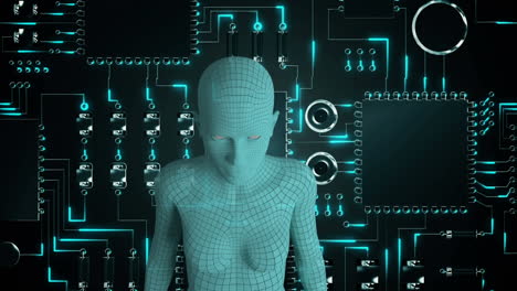 female android form in front of glowing computer circuit board