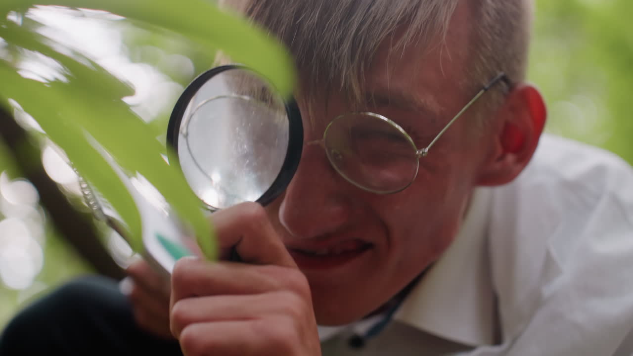 Close view of young man wearing glasses and white coat observing plant closely with magnifying glass in forest, focusing on details of leaf structure with concentration and curiosity