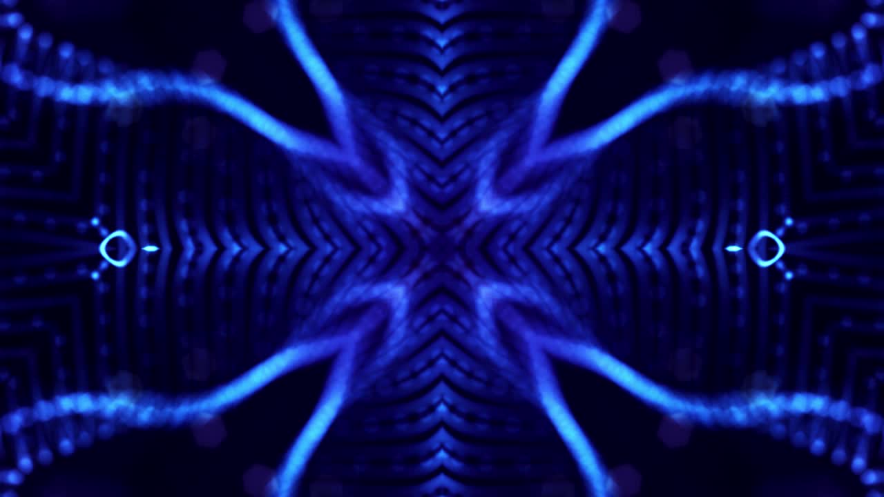 tema abstracto de microworld o nanotecnología. 4k bucle de ciencia ficción 3d fondo con efectos de luz. partículas azul brillante forman líneas, superficies, estructuras simétricas complejas como en el caleidoscopio.