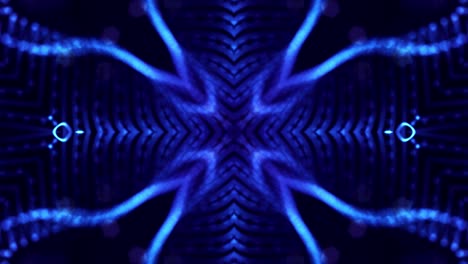 tema abstracto de microworld o nanotecnología. 4k bucle de ciencia ficción 3d fondo con efectos de luz. partículas azul brillante forman líneas, superficies, estructuras simétricas complejas como en el caleidoscopio.