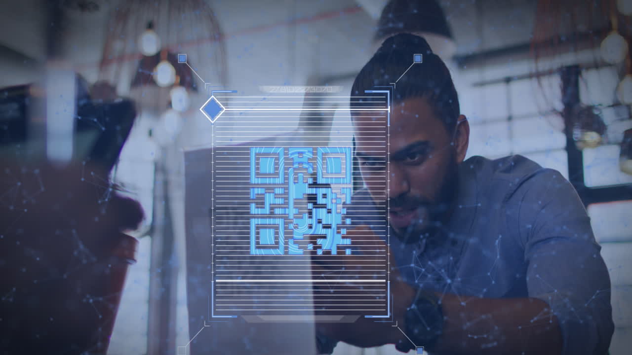 Animation of qr code and digital interface over diverse couple using technology