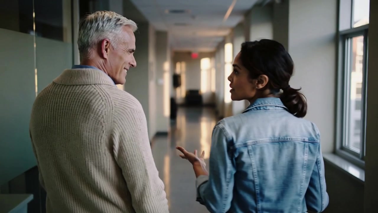 Walking man sweater, woman denim jacket talking project, turning, gesturing in hall with glass wall