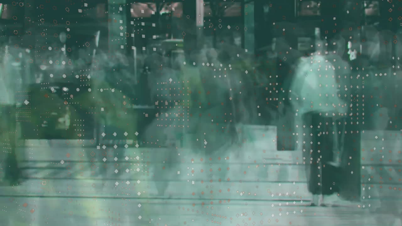 People walking in busy urban area with digital data overlay animation