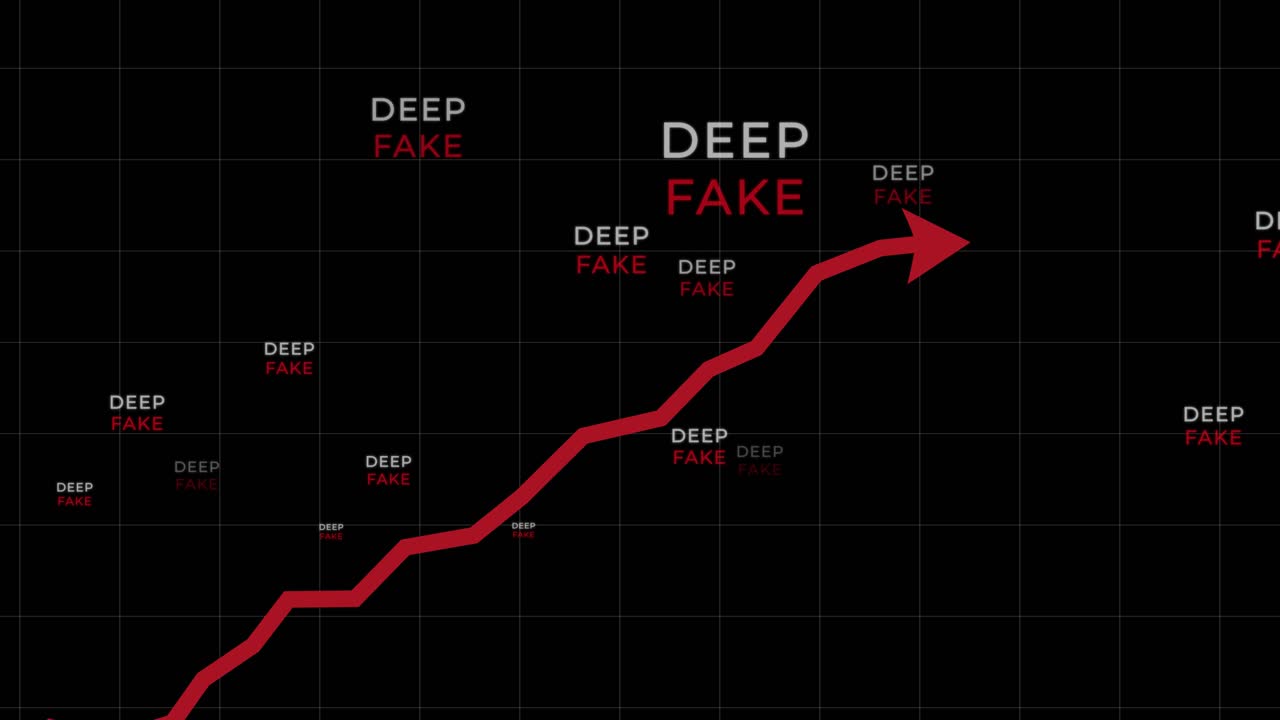 Red arrow uptrend rising on black background with deep fake logo appearing in loop animation. Alpha channel included