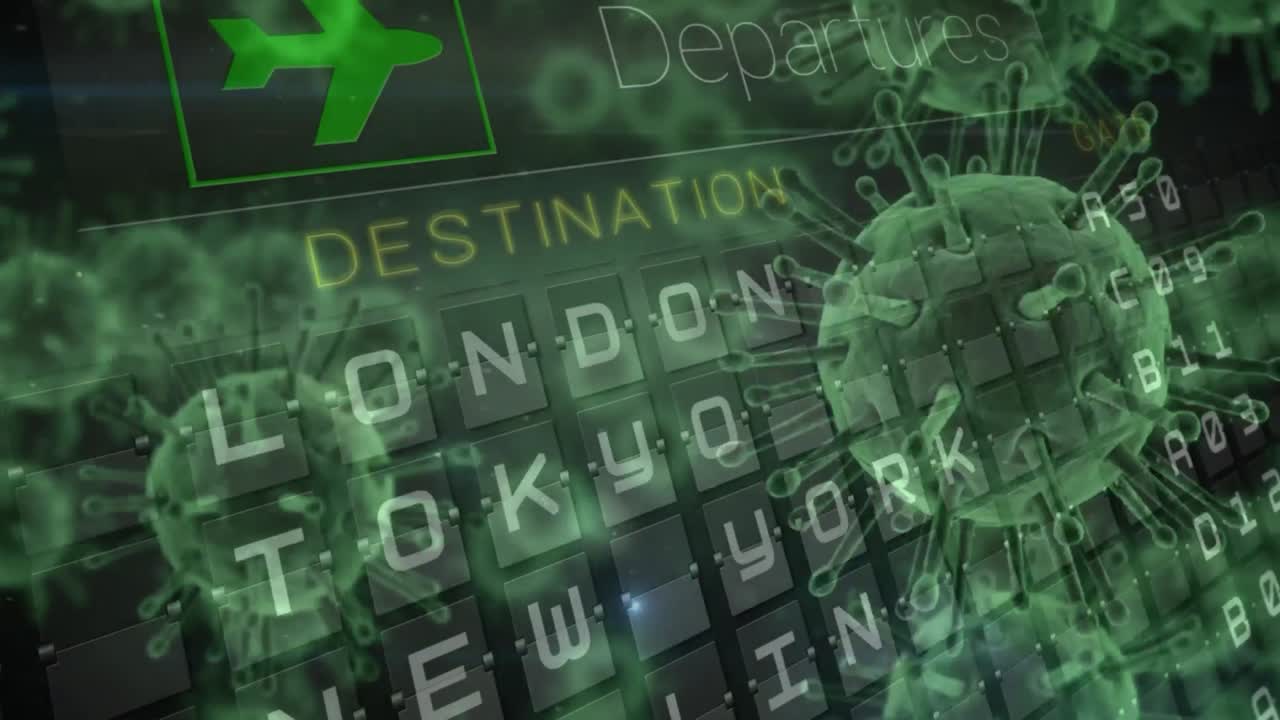 공항 비행 출발 보드를 가로질러 퍼지는 거대 코로나바이러스 코로나19 세포의 애니메이션