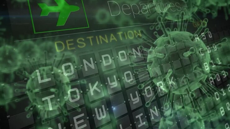 Animation of macro coronavirus Covid-19 cells spreading over an airport flight departures board