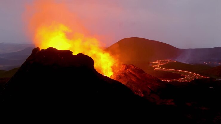 Incredible Night Aerial Of The Dramatic Volcanic Eruption Of The Fagradalsfjall Volcano On The Reykjanes Peninsula In Iceland